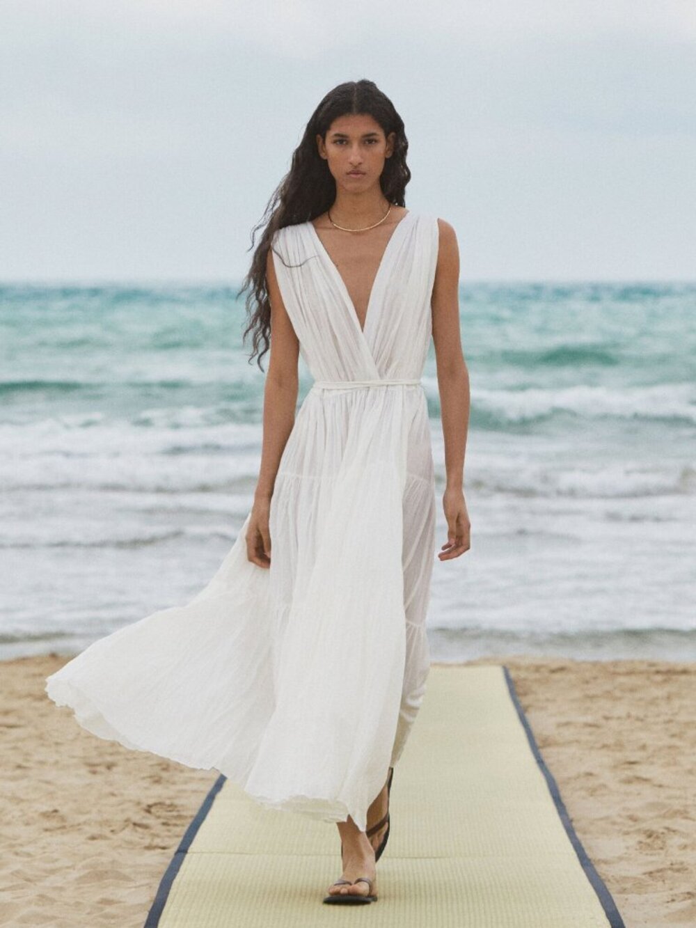Massimo Dutti White Plissé V-Neck Maxi Dress